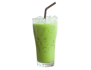 Iced matcha latte or condensed milk-added green tea in transparent glass with black straw isolated...