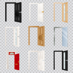 Open doors set, isolated on transparent background. Classical wooden, white, black and glass door. Vector illustration