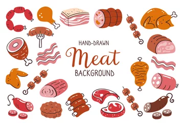 Fotobehang Meat background. Pieces of meat and meat products. Food ingredients for cooking illustration. Isolated colorful hand-drawn icons on white background. Vector illustration. © insemar