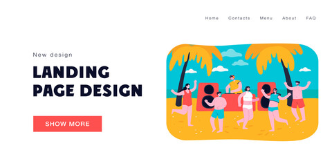 Cartoon people dancing on summer beach. Flat vector illustration. Friends having fun during tropical party with DJ and sunset in background. Music, party, friendship, seaside concept for banner design
