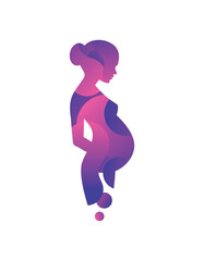 Naklejka na ściany i meble vector silhouette of a pregnant woman composed of purple-blue polka dots. Isolated on white background