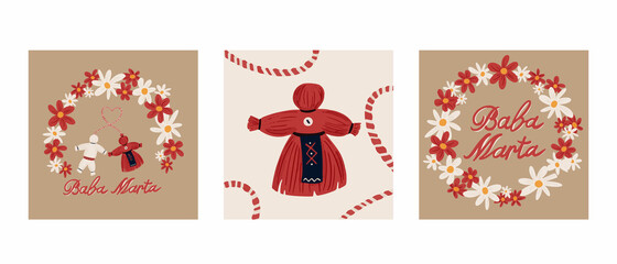 Baba Marta Day. Martenitsa, white and red strains of yarn, Bulgarian folklore tradition, welcoming the spring in March, adornment symbol, isolated on grey background vector illustration - obrazy, fototapety, plakaty
