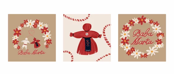 Foto op Canvas Baba Marta Day. Martenitsa, white and red strains of yarn, Bulgarian folklore tradition, welcoming the spring in March, adornment symbol, isolated on grey background vector illustration © FastTotoro