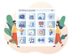 Online courses. Distance education. E-learning concept. Tiny people learn, watch webinars on online service or platform. Modern flat cartoon style. Vector illustration on white background