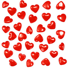 Background with hearts. The effect of falling hearts. The concept of Valentine's Day. Hearts in different angles, isolated on a white background, 3D rendering