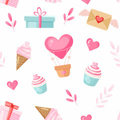Seamless vector pattern of cute elements. Hot air balloon, ice cream, cupcake, letter, gift, hearts. Colored pattern on a white background. Background for valentine's day.