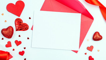 Valentines day card. Red heart, romantic gift on love white background with copy space. Valentine decoration for flatlay greeting card.