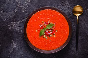 Traditional spanish cold tomato soup of fresh raw vegetables