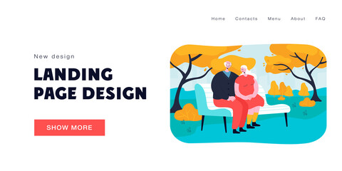 Happy elderly couple sitting on bench in park. Old cartoon characters spending time outside flat vector illustration. Love, relationship, family concept for banner, website design or landing web page