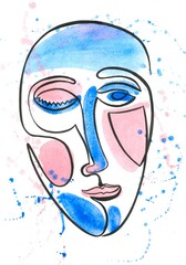 Fashionable surrealistic face. Drawn in watercolor and black line by hand. Beautiful illustration for your print.