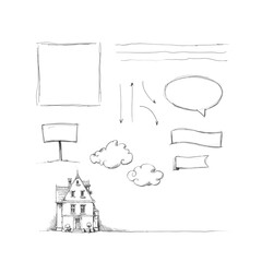 Grafische Elemente im Skizzenstil mit kleinem Haus