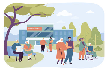 Nursing home building and visitors with elderly people. Group of seniors on walk with caregivers or nurses flat vector illustration. Treatment, elderly care, health concept for banner or landing page