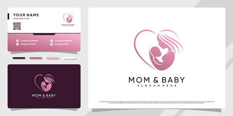 Mom and baby logo with unique love concept and business card design Premium Vector