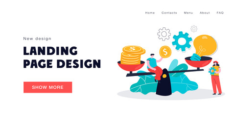 Creative tiny people giving price for idea with scales flat vector illustration. Cartoon character buying innovation and paying money. Comparison, startup valuation and assessment concept
