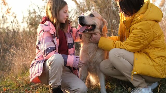 Girl and her child petting golden retriever dog in sunset time outdoors. Mother with daughter and pet doggy labrador at nature together