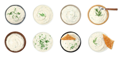 Set with tasty creamy dill sauce on white background, top view. Banner design
