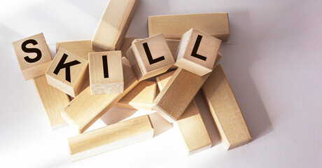 A wooden cube with the word SKILL on a white table.