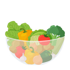 glass bowl with vegetables on white background