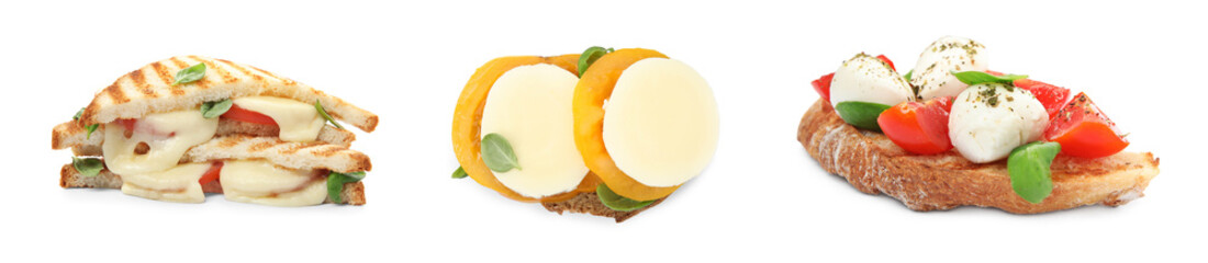 Delicious bruschettas and sandwiches with mozzarella, tomatoes and basil, collage. Banner design