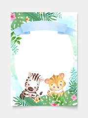 Cute animal collection of safari background set with tiger and zebra vector illustration for invitation card, postcard. Tropical flower and green. Blue ribbon. Watercolor.