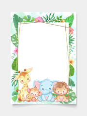 Cute animal card design of safari background set with lion, giraffe, monkey, elephant vector illustration for invitation card, postcard. Tropical flower and green. Gold line. Watercolor. © Mimi Art Smile