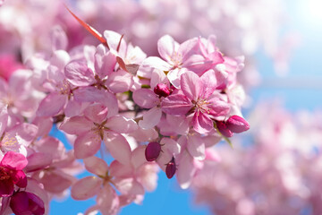 Cherry blossom branches on a sunny spring day. Flowers of spring