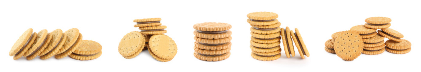 Set with tasty cookies with cream on white background. Banner design