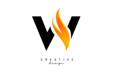 Vector illustration of abstract letter W with fire flames and Orange Swoosh design. Letter W logo with creative cut and shape.