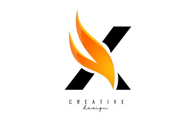 Vector illustration of abstract letter X with fire flames and Orange Swoosh design. Letter X logo with creative cut and shape.