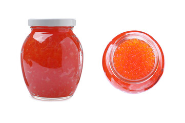 Delicious red caviar on white background, collage