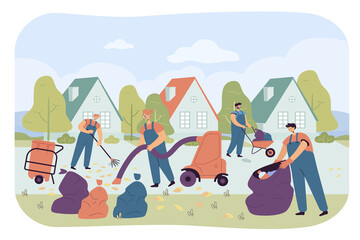 Team of janitors cleaning city street from garbage. Male and female characters sweeping road, working with vacuum cleaner, carrying bag with trash flat vector illustration. Cleanup, service concept