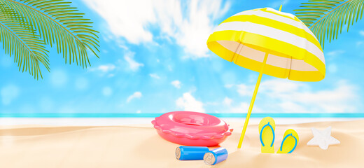 umbrella beach with decoration on sand beach for summer concept.