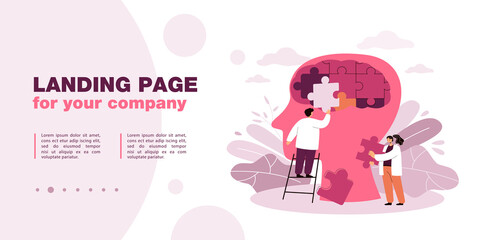 Team of doctors putting puzzle pieces of person head together. Medical people treating personality disorder flat vector illustration. Mental health concept for banner, website design or landing page