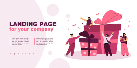 Tiny worker getting special reward. Colleagues giving present to happy person flat vector illustration. Birthday party, performance bonus concept for banner, website design or landing web page