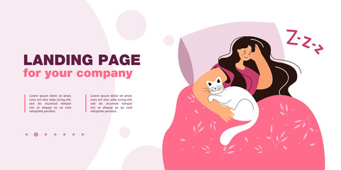 Girl sleeping in bed with white cat. Flat vector illustration. Young woman relaxing in comfortable bed, lying under duvet, hugging her beloved pet, dreaming. Pet, animal, home, comfort, rest concept