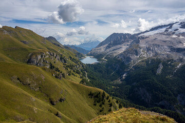 Scenic Dolomites landscape - view from Viel del Pan mountain trail.