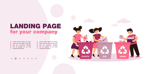 Kids sorting trash for recycling flat vector illustration. Multinational children collecting paper, plastic and bio waste in dustbins of different colors. Recycle, garbage, environmental concept
