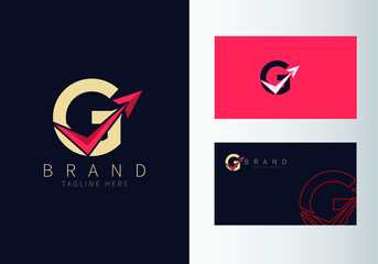 Abstract Initial Letter G Travel Logo. Gold Color Shape with Red Arrow design vector illustration. Usable for Business and Branding Logos. Flat Luxury Design Template