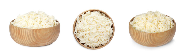 Set with delicious mozzarella cheese on white background. Banner design