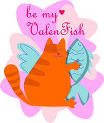 Valentines day greeting card with fat cat holding fish hearts typography