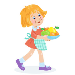 Cute little girl carries a plate of fruit. In cartoon style. Isolated on white background. Vector illustration.