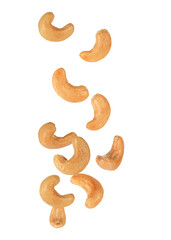 Tasty roasted cashew nuts falling on white background