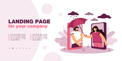 Woman covering sad friend with umbrella over phone. Female character comforting girl flat vector illustration. Mental health, empathy, wellness concept for banner, website design or landing web page