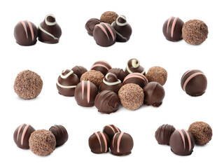 Set with delicious sweet chocolate truffles on white background