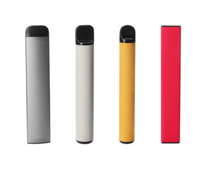 Set with different electronic smoking devices on white background