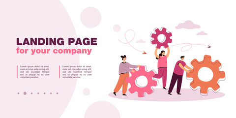 Team of people with gears doing repairs or upgrade. Service organization, business technology flat vector illustration. Teamwork, cooperation concept for banner, website design or landing web page