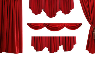 Set with beautiful red curtains on white background - obrazy, fototapety, plakaty