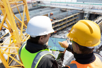 teamwork workers engineer architect with hard hat checking together construction details on...