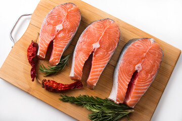 Sliced steak of fresh red fish. Sea fish salmon