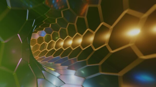 Flying down a colorful sci-fi tunnel,  looping.